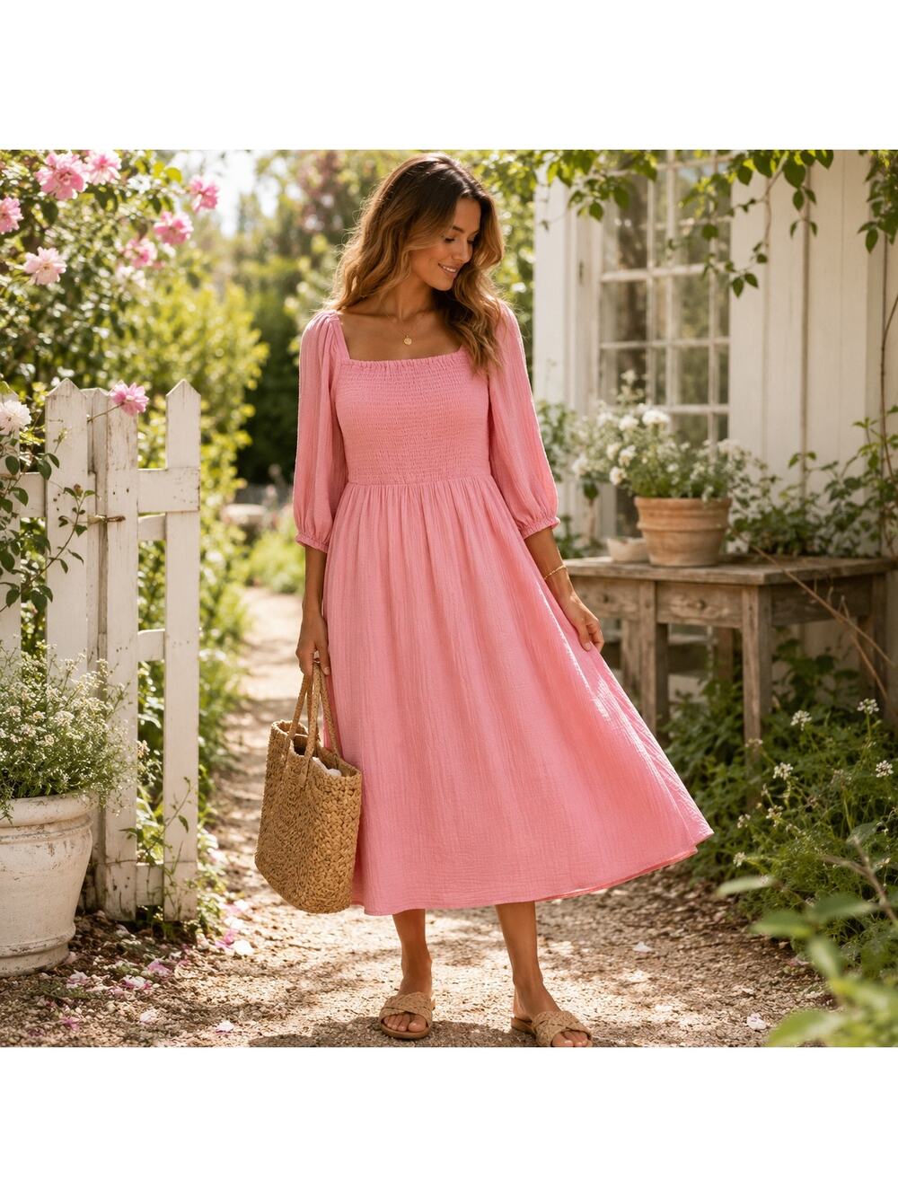 BeachLunchLounge Pink Gauze Smocked Midi Dress M Cottagecore - Picture 1 of 9